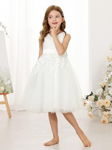 MCieloLuna Girl's Short First Communion Dress Flora Lace Flower Girls Dresses for Wedding V-Neck Toddler Mini Gown4