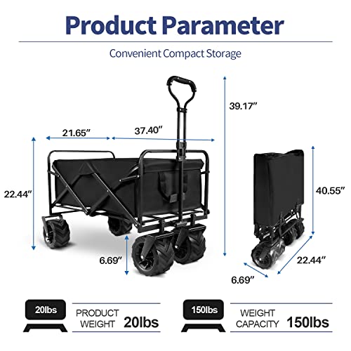 Patio Watcher Collapsible Folding Utility Wagon Cart Outdoor Garden Wagon Beach Cart Camping Shopping Sports Portable Wagon with All Terrain Wheels Large Capacity Heavy Duty, Black