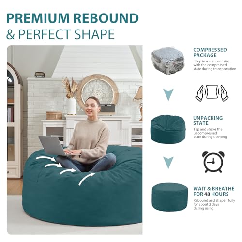 3FT Bean Bag Chair, Comfy Bean Bag Chairs with Memory Foam Filled, Fluffy Beanbag Sofa with Dutch Velvet Cover, Round BeanBag Chairs for Living Room, Playroom - Sea Blue