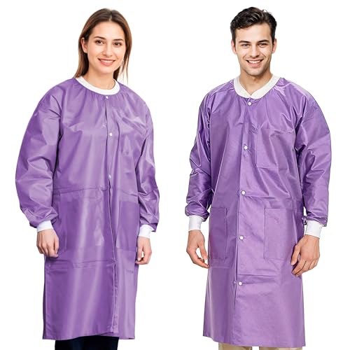 AMZ Medical Supply Disposable Lab Coats for Adults, Large. Pack of 50 Purple SMS Knee Length Lab Coat Disposable. 45 GSM Disposable Coats Medical. Painting Lab Coat with Cuffs, Knit Collar, 3 Pockets
