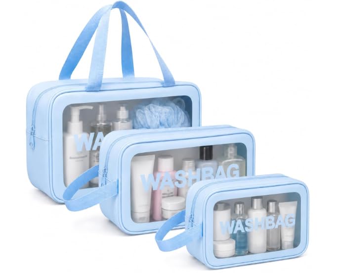 Travel Wash Bag Set of 3, Waterproof Cosmetic Organizer Pouch with Transparent Window, Portable Toiletry Storage Bags for Makeup, Skincare & Travel Accessories (Blue)-image-48