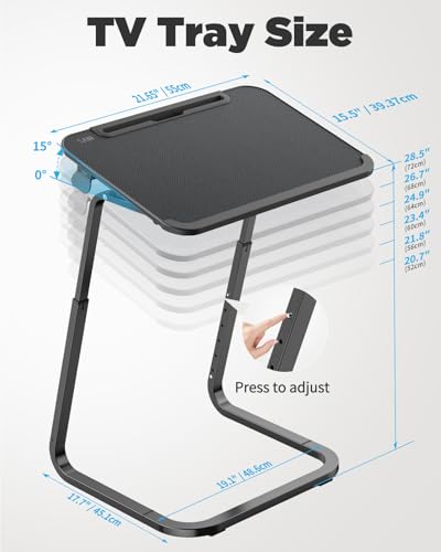 SAIJI Table For Sofa, Overbed Table, beside table adjustable table, Sturdier U-shaped legs, TV Tray, Adjustable Height and Angle, with Tablet Slot, Cup Holder, 55 * 39cm