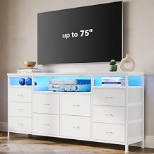 63.3 in Dresser for Bedroom, 10 Drawer Dresser Tv Stand for 65 70 75 in Tv, Fabric Chest of Drawers With Led Lights & Power Outlets, Long Entertainment Center for Closet, Living Room White PU