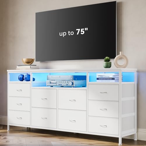 63.3 Inch Dresser for Bedroom, 10 Drawer Dresser Tv Stand for 65 70 75 Inch Tv, Fabric Chest of Drawers with Led Lights & Power Outlets, Long Entertainment Center for Closet, Living Room (White PU)