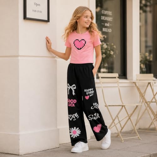 Image of Girls Clothes 2 Piece Cute Pixel Heart-Print Top Graffiti-Print Pants Sets | Trendy Y2K Inspired Outfit with Fitted Top and Wide Leg Bottoms, Casual Streetwear for Teens Girls 7-14Y