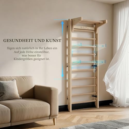 RokePro Multifunktionale Schwedenleiter, Wandmontage, Holz-Gymnastikstange, Indoor-Heim-Fitness-Studio für Kinder und Erwachsene