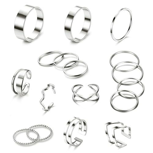 JeweBella 17 Stück Ringe Damen Edelstahl Plain Band Twist Offene Knöchel Ringe Set Einfaches Stapelbarer Midi Daumen Finger Ringe Silber/Gold