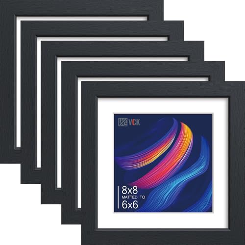 Image of VCK 8x8 Picture Frame 5 Pack, Black Wood, 6x6 Mat, Glass, for Photo Print