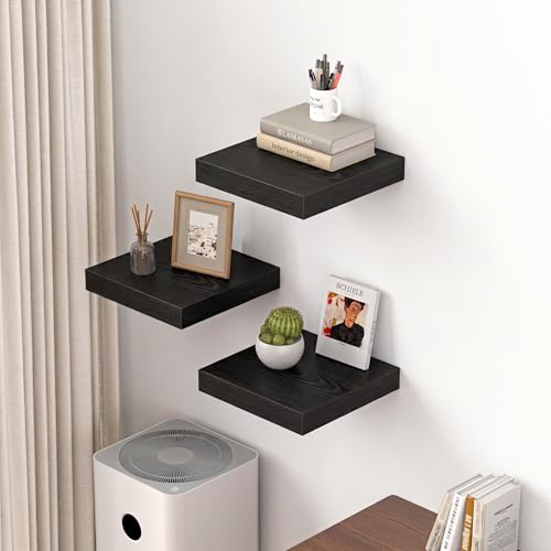Image of Dreamland 12x12 Floating Shelves for Wall, 12 inch Deep Thicker Black Floating Shelves, Wall-Mounted Shelves for Bedroom, Living Room, Kitchen, Bathroom - Set of 3