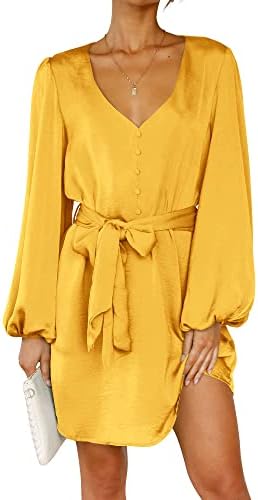 PRETTYGARDEN Women's Spring Long Puff Sleeve Satin Dress V Neck Cocktail Party Belted Short Formal Dresses (Yellow,Large)