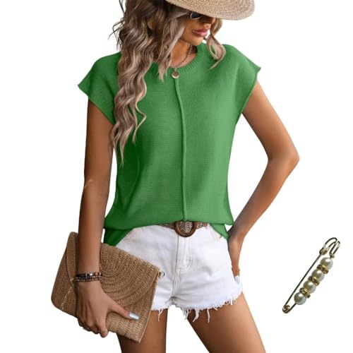Image of Womens Lightweight Knit Top Cap Sleeve Crew Neck Shirt | Lightweight textured knit top with relaxed fit and cap sleeves, light colors may perspective
