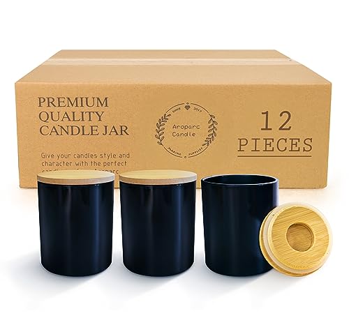 Aroparc Lot de 12 bocaux en verre de 283,5 g pour la fabrication de bougies (12 pots et 12 couvercles en bambou) - Fournitures de fabrication de bougies - Noir vif