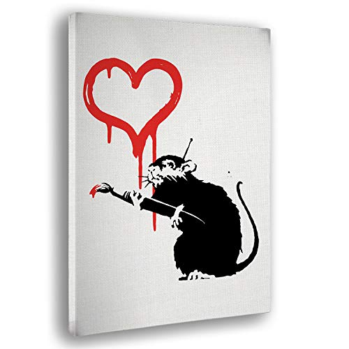 Giallobus Cuadro ya Enmarcado - Impresion en Lienzo - Banksy - Love Rat - Pinturas Modernas en Lienzo o plexiglás para decoración casa diseño - Cocina - 50x70 cm