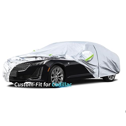 Image of Custom-Fit for Cadillac Car Cover, 7 Layers Car Cover Waterproof All Weather for Automobiles, Outdoor Full Cover Rain Sun UV Protection with Zipper (for Cadillac SLS)
