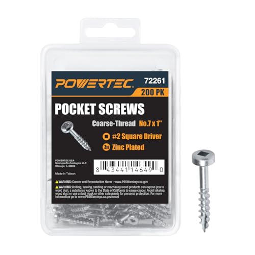 Image of POWERTEC 200 PK Pocket Hole Screws, Pan-Head, #2 Square Drive, 1 inch Coarse Thread for Pocket Hole Jig, Drawer & Picture Frame (72261)