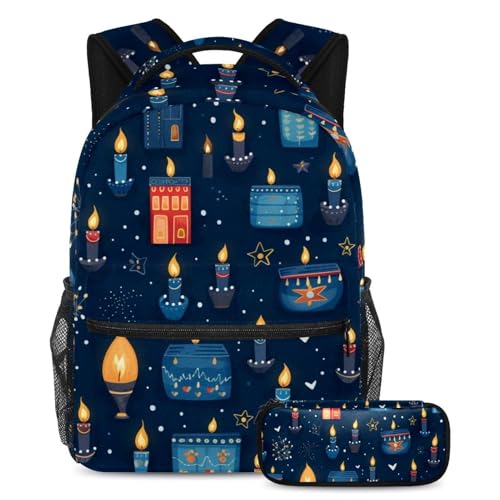 Sac à dos Hanukkah Candles avec trousse ensemble scolaire pour enfants et adolescents