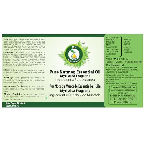 Image of R V Essential Pure Nutmeg Essential Oil 15ml- Myristica Fragrans (100% Pure and Natural Steam Distilled) For Skin Face Hair Body Nails Scalp Massage Aromatherapy Diffuser Soap Candle Perfume Making