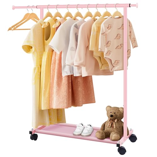 MISSLO Small Garment Racks for Hanging Clothes Rack Mini Kids Clothing Rack Rolling Dress up Storage for Toddler, Baby, Little Girl, Children, Adult(Pink)