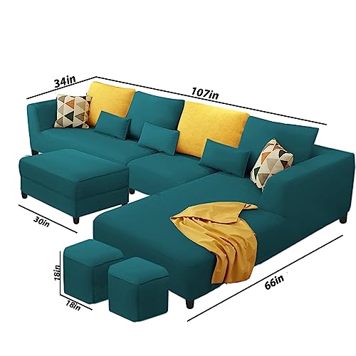 Image of Galib RHS 8 Seater L Shape Sofa Set with Ottoman & 2 Puffy for Living Room (Pine) Premium Fabric