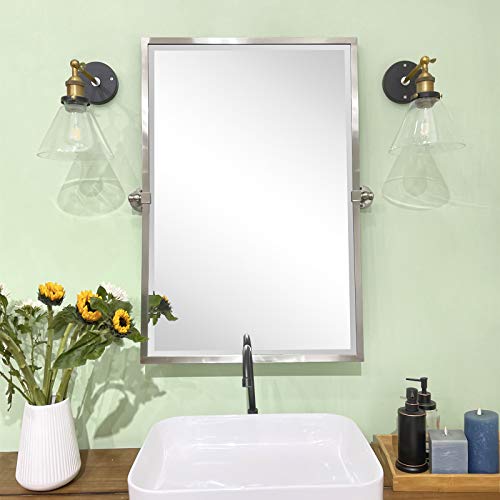 Image of TEHOME 28.5 x 36 inch Brushed Nickel Metal Framed Pivot Rectangle Bathroom Mirror in Stainless Steel Tilting Beveled Vanity Mirrors for Wall