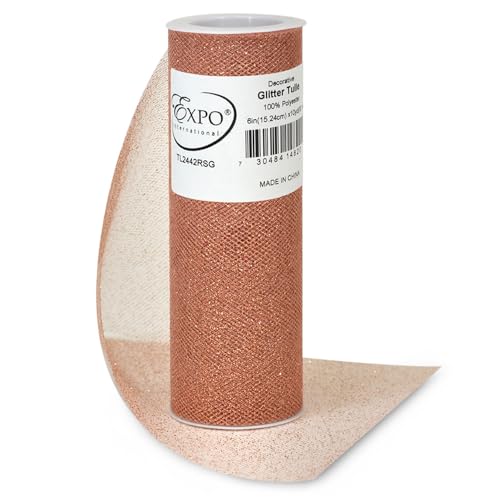 Image of Expo International Decorative Glitter Tulle, Roll /Spool of 6 inch X 10 Yards, Lightweight Polyester Tulle Fabric for Costumes, Wedding, and Party Decorations, Washable, Easy-to-Use, Rose Gold