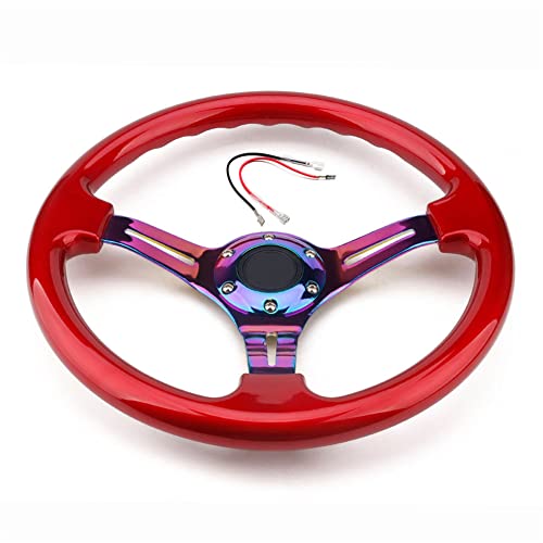 ihreesy Racing Lenkrad 350mm / 14 Zoll,45mm Tiefes Flaches ABS Sportwagen Lenkrad mit 7-Loch Universal Lenkrad Rally Drift Racing Lenkrad,Rot Cover
