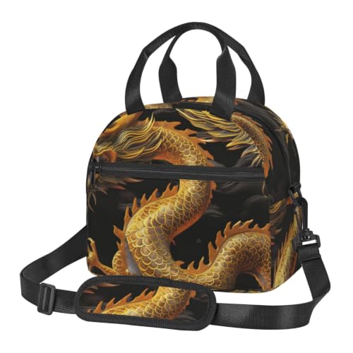 MKNAZ Yellow Dragon Black Background Printed Insulated Lunch Bag, Reusable Cooler Tote Lightweight Waterproof Lunch Tote Bag for Work, School, Travel