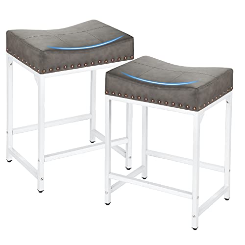 Bar Stools Set Of 2, Counter Height Bar Stools With Soft Cushion Bar Stools ​And Barstools Steel Frame, 24" Modern Saddle Stool For Bar, Stools For Kitchen Counter Support 300 Lbs (Grey+White) #TOP25