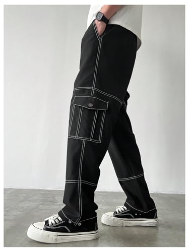 OYOANGLE Men's Flap Pocket Stitching Cargo Pants Elastic Drawstring Waist Straight Leg Trendy Trousers2