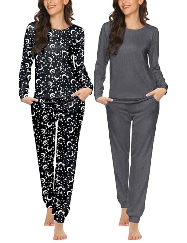 Image of Ekouaer 2 Pack Pajama Sets for Women,Long Sleeve Top With Jogger Pants Lounge Set Sleepwear with Pockets