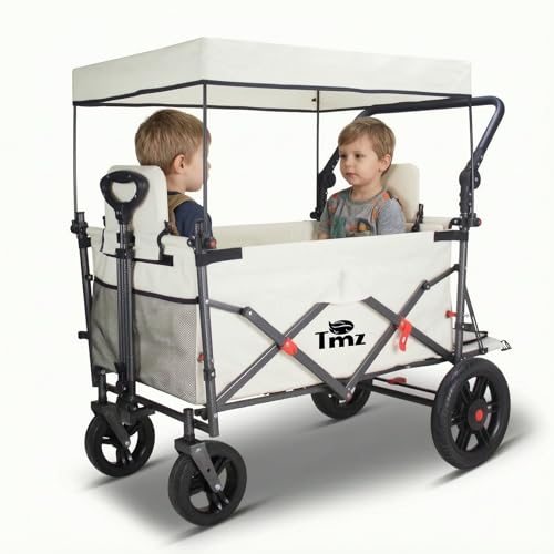 TMZ Folding Wagon Featuring 2 Seats Folding Handcart Trolley with Canopy and Rear Extension Collapsible Garden Wagon with Brake for Festival Shopping Camping Picnic (White)