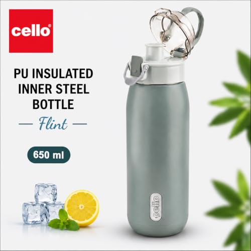 Image of CELLO Puro Steel-X Flint 900 Insulated Water Bottle 650 ml, Dark Grey | Easy Press Open Flip Top, Easy to Carry with Handle Leak Proof Inner Steel Water Bottle for School Kids, Office Gym Travel