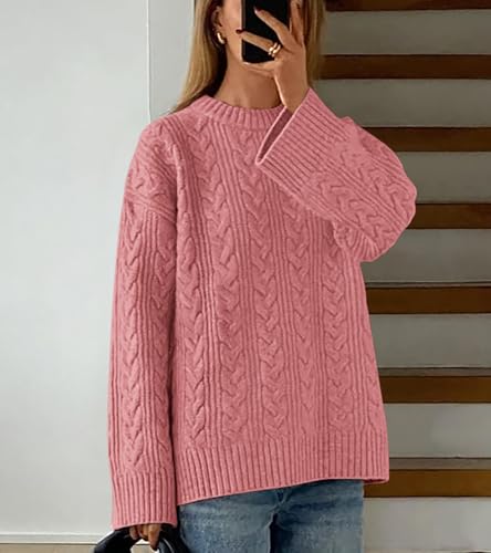 Okiwam Women's Oversized Sweaters Crewneck Cable Knit Pullover Casual Loose Fall Outfits Fashion Clothes 2025