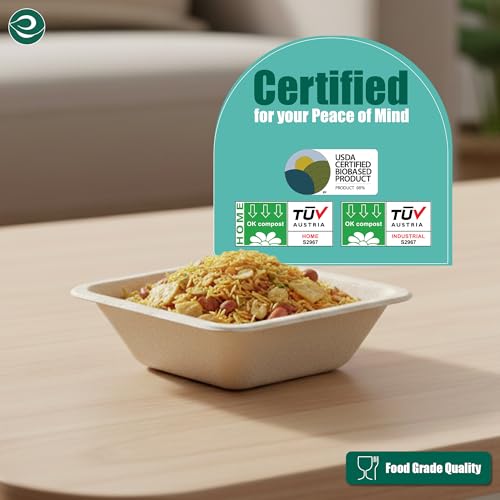 ECO SOUL | 4 Inch Square Bagasse Bowl | 150 ml - Pack of 50 | Eco-Friendly & Non Toxic | Leak-Proof, & Durable | Small Disposable Bowls for Snacks, Chutneys, Desserts & Sauces | Beige