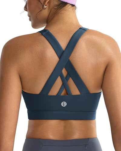 RUNNING GIRL White Sports Bra for Women, Criss-Cross Back Padded Strappy Sports Bras High Support Yoga Bra with Removable Cups(2353_Dark Blue_M)