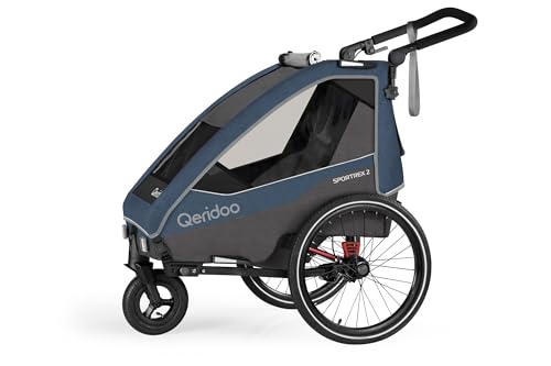Qeridoo Fahrradanhänger Sportrex 2 Limited Edition Jeans Blue faltbar mit 360 Grad drehbaren luftgefüllten Buggyrad und patentierten Kopfprotektoren für 2 Kinder