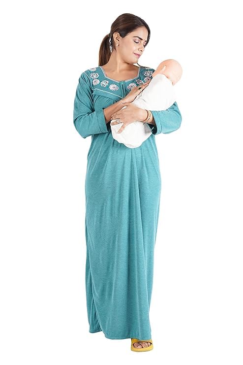 Women's Full Sleeve Hosiery Cotton, Nursing, Feeding, Maternity Nighty - Zip Opening at Bust - Before and After Baby Multipurpose Night Dress-image-36