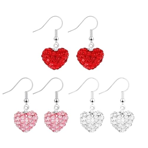 3 Paires Boucles d'oreilles Pendantes en Forme de Cœur, Boucles d'oreilles Cœur Rouge Rose Argent avec Strass, Romantique Boucle d'oreille Saint Valentin, Cadeau de...