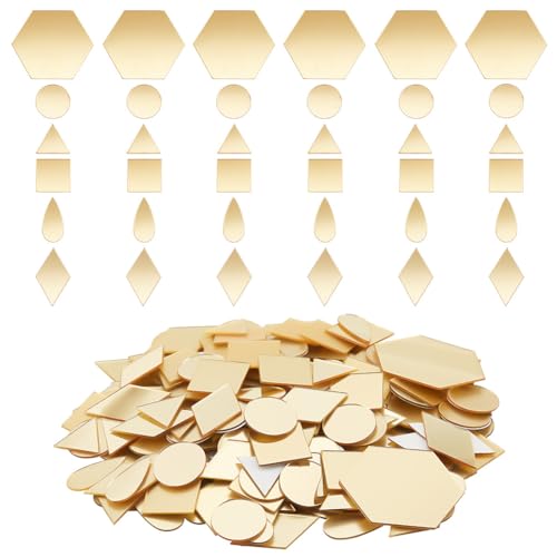PH PandHall - 300 espejos dorados de 6 formas para manualidades, azulejos de espejo autoadhesivos, calcomanías de espejo acrílico, círculos pequeños para enmarcar, manualidades, proyectos de
