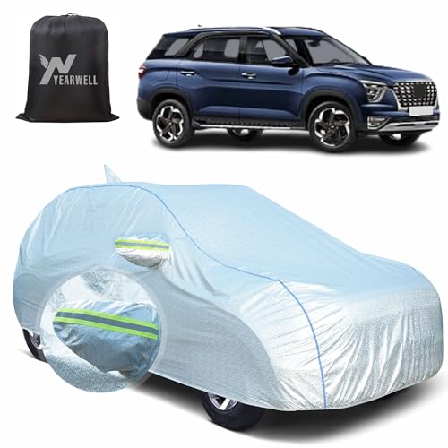 Image of Car Body Cover for Hyundai Alcazar, 100% Waterproof, Heat-Resistant with Mirror & Antenna Pockets, Soft Cotton Lining, Triple Stitched, Green Reflector (Reflective Silver)