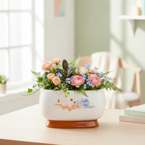 Image of Xtore Graceful Hand-Painted Ceramic Bonsai Planter Pot for Indoor & Tabletop Decor | Wide Round Bowl with Artistic Motif & Drainage Hole (Pack of 1, Planter Only)
