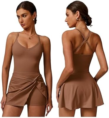 ABEHIK Women's Tennis Dresses Tie Front Athletic Golf Wrap Skirt with Built in Shorts Spaghetti Stra...