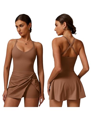 ABEHIK - ABEHIK Women's Tennis Dresses Tie Front Athletic Golf Wrap Skirt with Built in Shorts Spaghetti Strap Summer Casual Sundress Tennis Workout Backless Mini Dress Brown L (69% Off Amazon Deal)