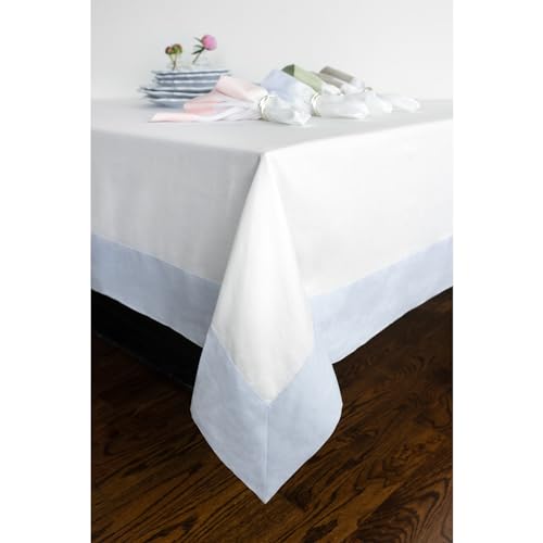 Solino Home 100% Pure Linen Tablecloth, 60 x 120 in, Blue and White Border