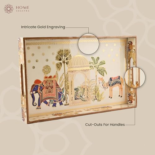 Image of Wooden Serving Tray with Gold Engraving | Set of 1 | Size : 16 x 10 inch | Enamel Coated Waterproof | Rectangular | Decorative Trays | Royal Camel Large