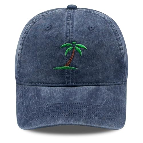 DYBICKT Embroidered Palm Tree Baseball Cap for Men Women, Funny Washed Cotton Classic Vintage Dad Hat Navy Blue, Beach Outdoor Birthday Gifts Ideas