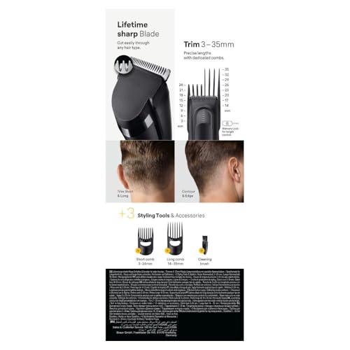 Braun Haarschneider Series 5, Haarschneidemaschine und Rasierapparat für Herren, Haartrimmer mit Ultrascharfe Klingen, 17 Längen, 3 Zubehörteile, 50 Min. Akku, Abwaschbar, HC5530, Schwarz
