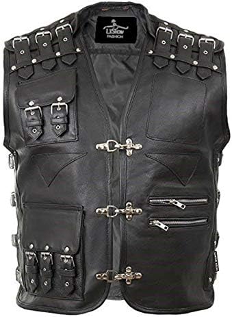 Men's New Heavy Buckled Rocker Biker Motorcycle Genuine Cowhide Leather Vest (4X Big, Black)