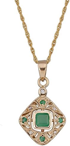 10k Yellow Gold Vintage Style Emerald and Diamond Pendant Necklace