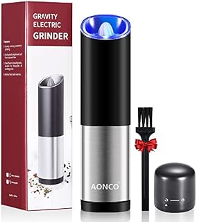 AONCO Gravity Electric Salt and Pepper Grinder, Adjustable Coarseness, One Handed Automatic Operation, 4 AAA Battery Powered Salt and Pepper Mill with Blue LED Light, Cleaning Brush, Wine Stopper